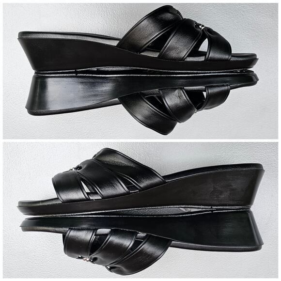 Black Mini Wedge Sandals Italian Shoemakers Bade Size 10 Strappy Slides Silver - Picture 12 of 12